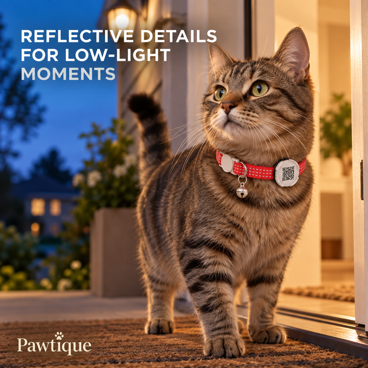 Cat wearing the red reflective Pawtique FindMe collar in low light