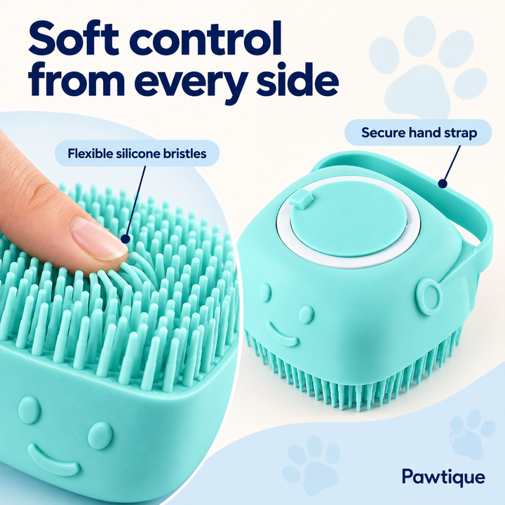 Flexible silicone bristles and secure rear hand strap detail
