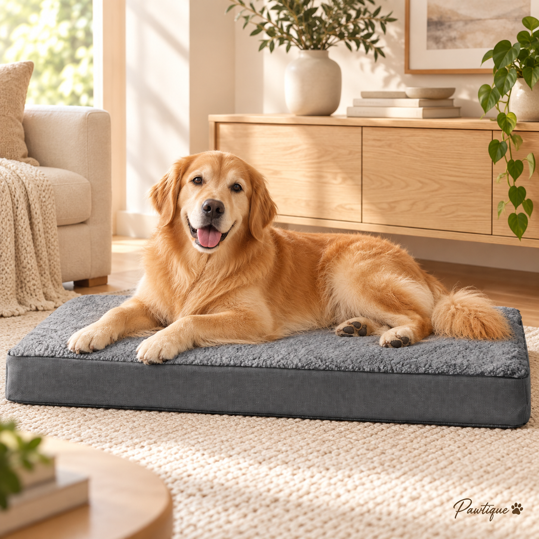 Golden retriever relaxing on Pawtique CloudRest orthopedic dog bed