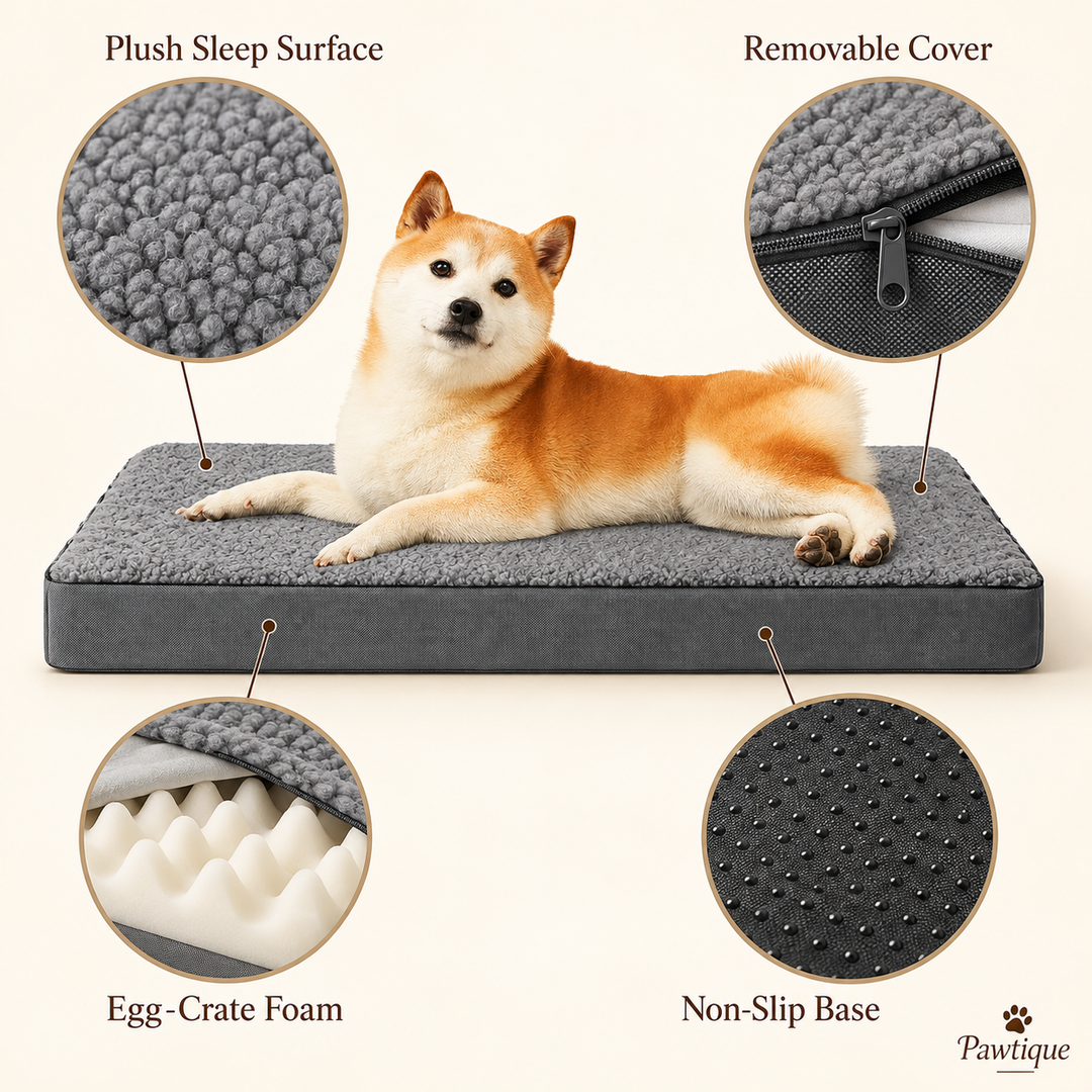 Pawtique CloudRest dog bed features including removable cover and egg-crate foam