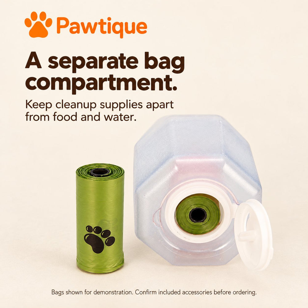 Bottle base with a separate waste-bag compartment; bags are shown for demonstration