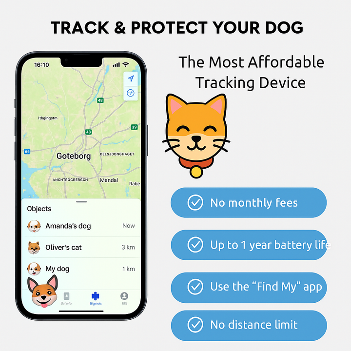 Smartphone displaying a pet tracking app with a cartoon cat icon and feature list on a white background.