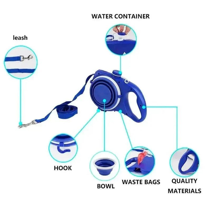 4 - in - 1 Retractable Dog Leash – with Water Bottle, Poop Bag Holder &amp; Food Bowl - Pawtique