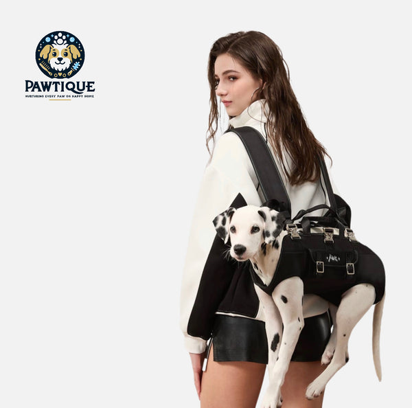 Woman carrying a Dalmatian dog in a black carrier with 'PAWTIQUE' branding.