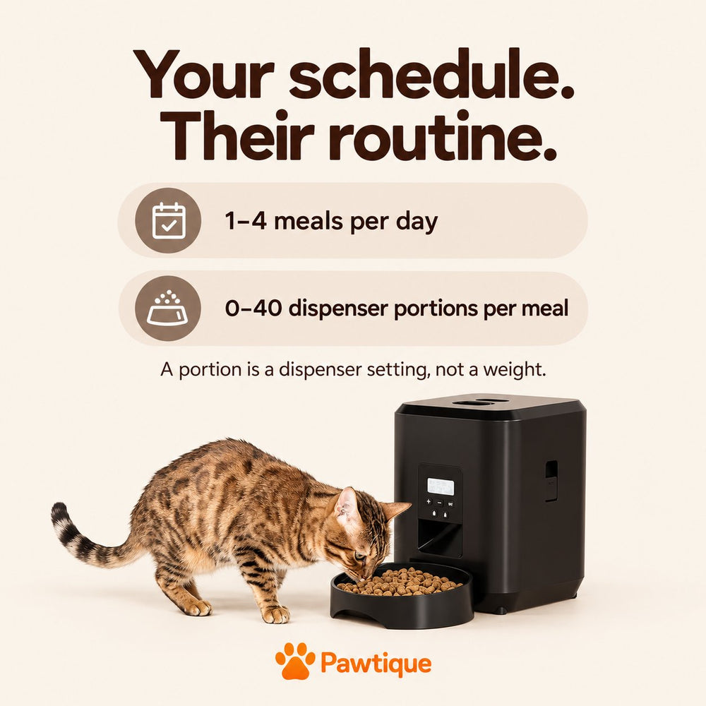 Feeder scheduling guide: 1–4 meals daily and 0–40 dispenser portions per meal; portions are not a fixed weight.