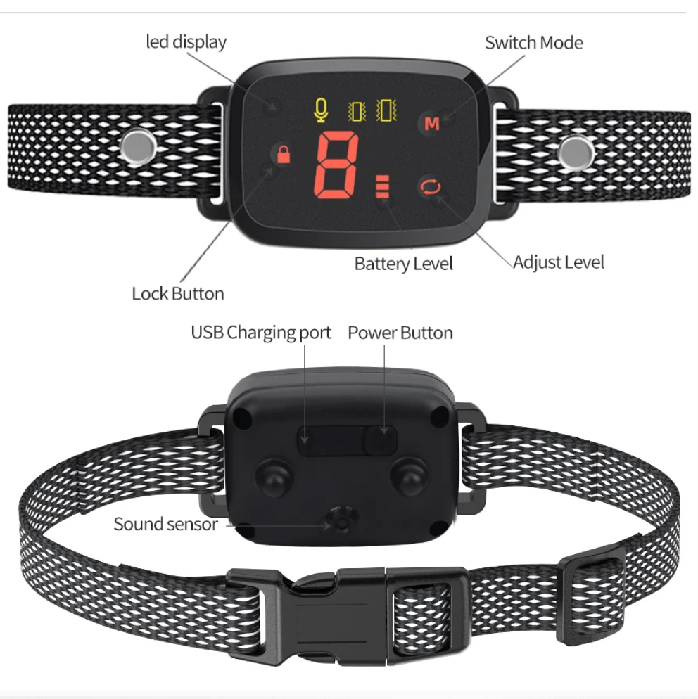 Dog collar with electronic components labeled on a white background