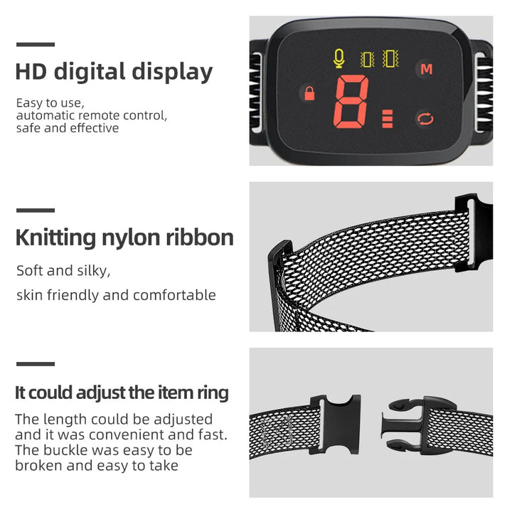 Product features including HD digital display, knitting nylon ribbon, and adjustable ring on a white background.