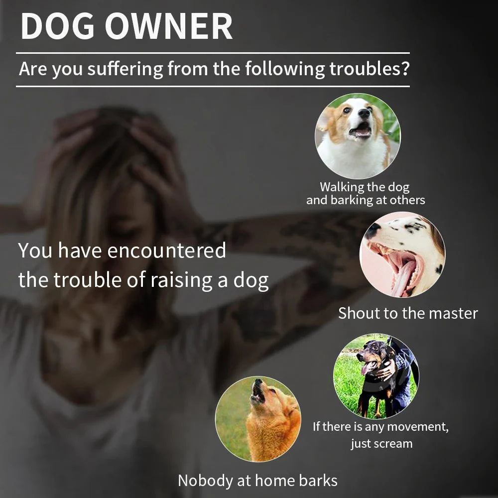 Dog owner troubles with text and images of a dog, barking, and a person stressed.