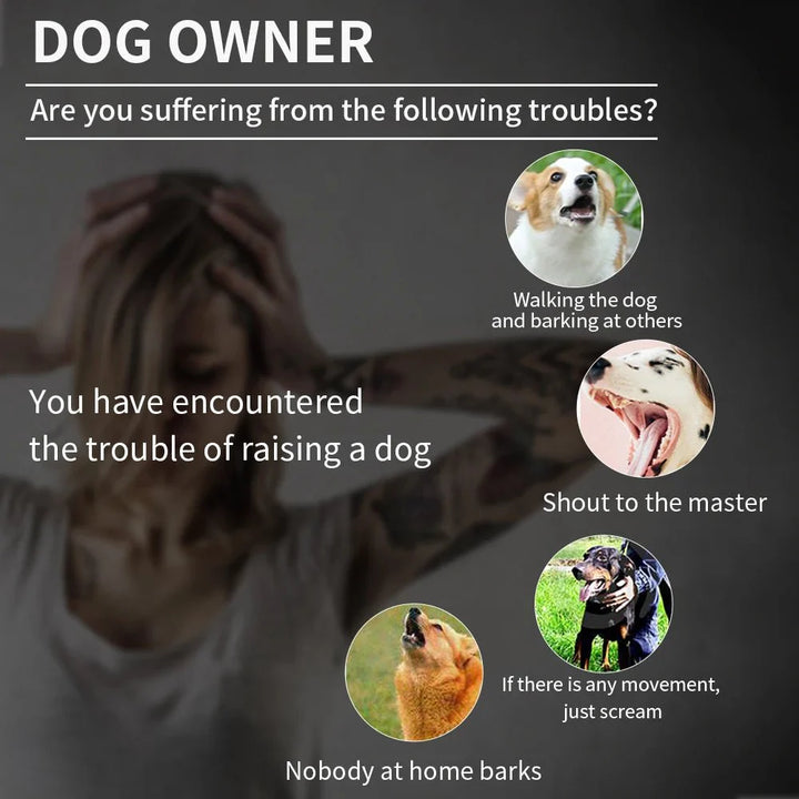 Dog owner troubles with text and images of a dog, barking, and a person stressed.