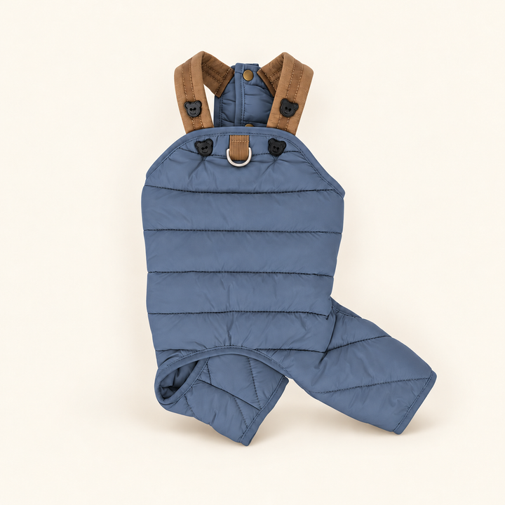 Blue quilted dog jumpsuit with brown shoulder straps and bear buttons on a cream background