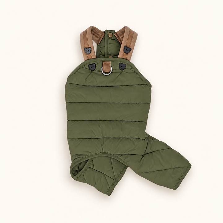 Green quilted dog jumpsuit with brown shoulder straps and bear buttons on a cream background