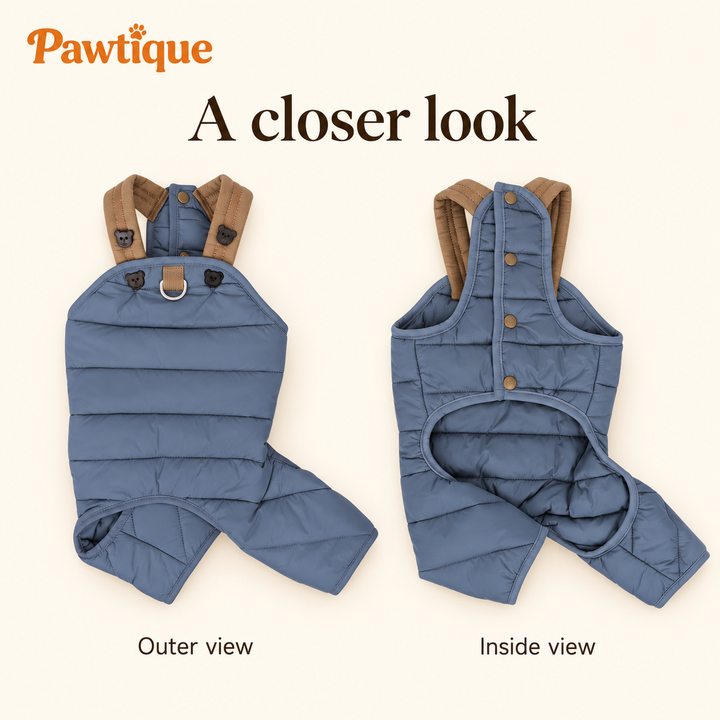 Outer and inside views of the blue jumpsuit showing quilting, shoulder straps and snap fastening