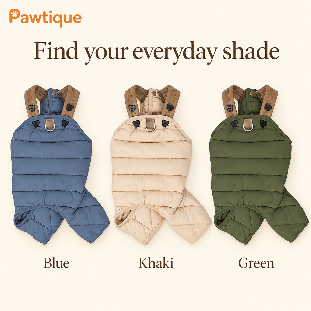Blue, Khaki and Green jumpsuits displayed together for color comparison