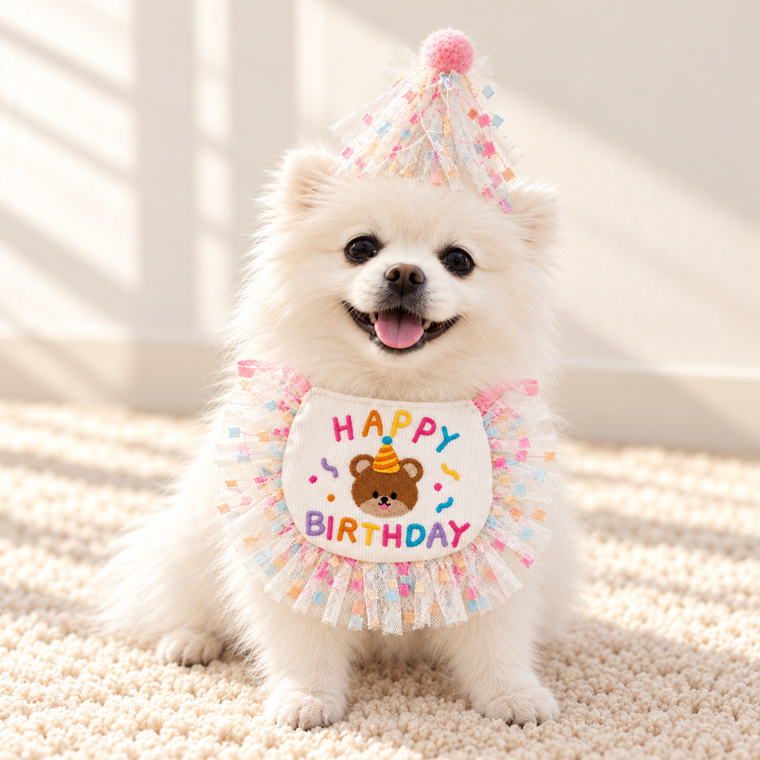 Pink Birthday Bear bib and hat worn by dog