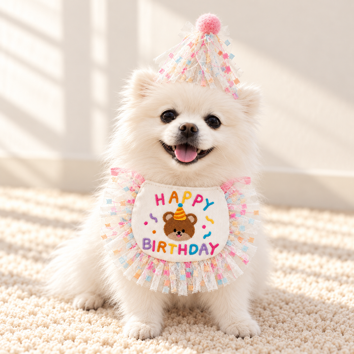 Pink Birthday Bear bib and hat worn by dog