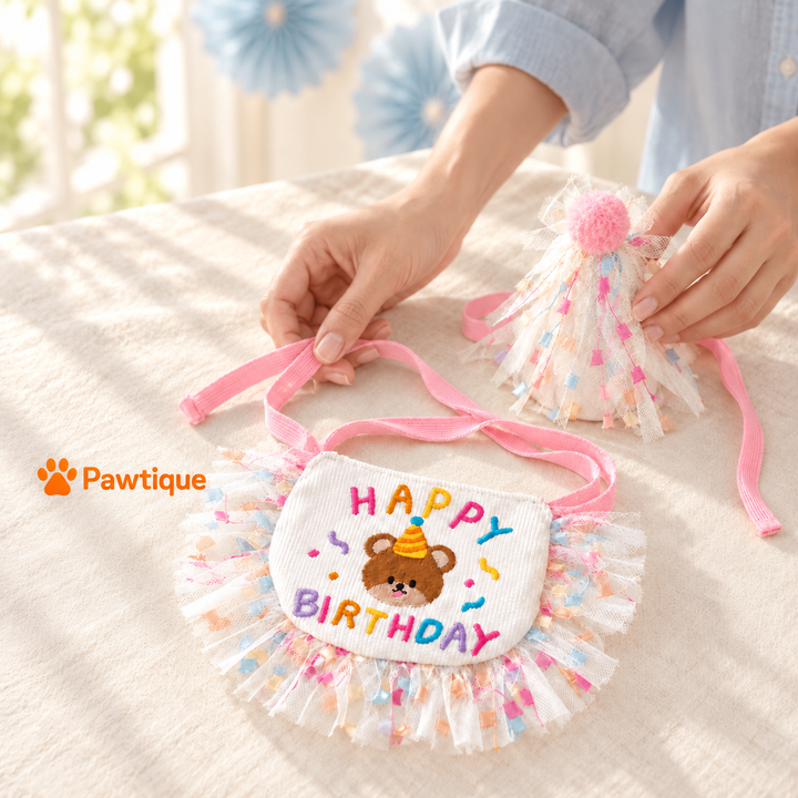 Separate pink ribbon ties on bib and hat