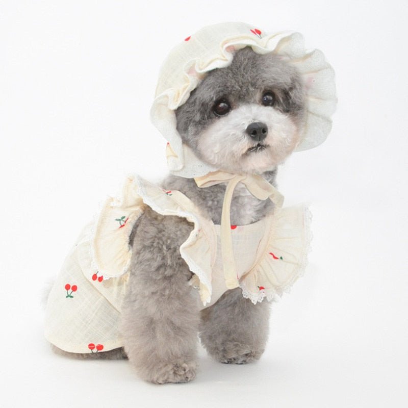 Cherry Printed Dog Cat Dress With Hat - Pawtique