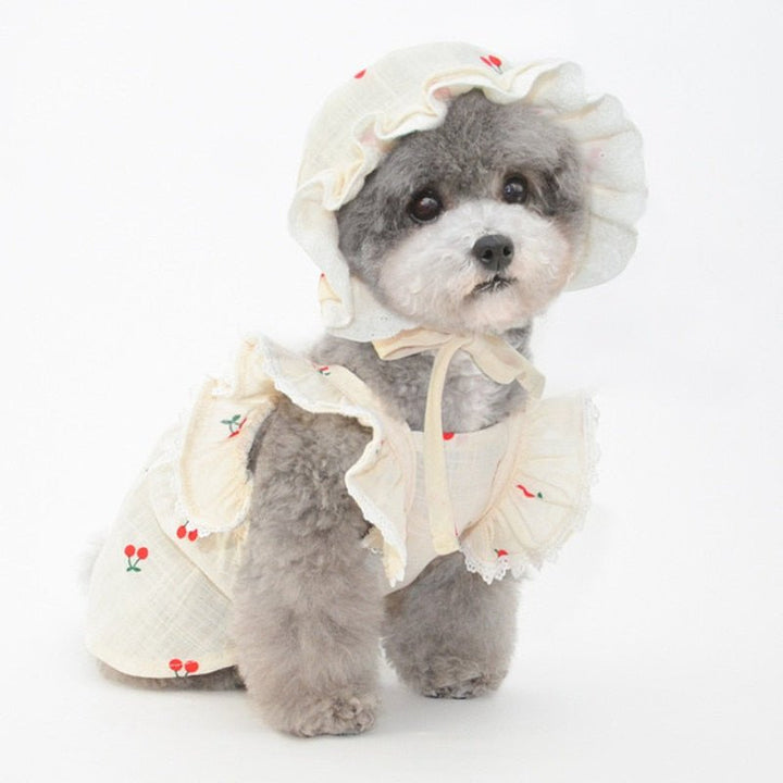 Cherry Printed Dog Cat Dress With Hat - Pawtique