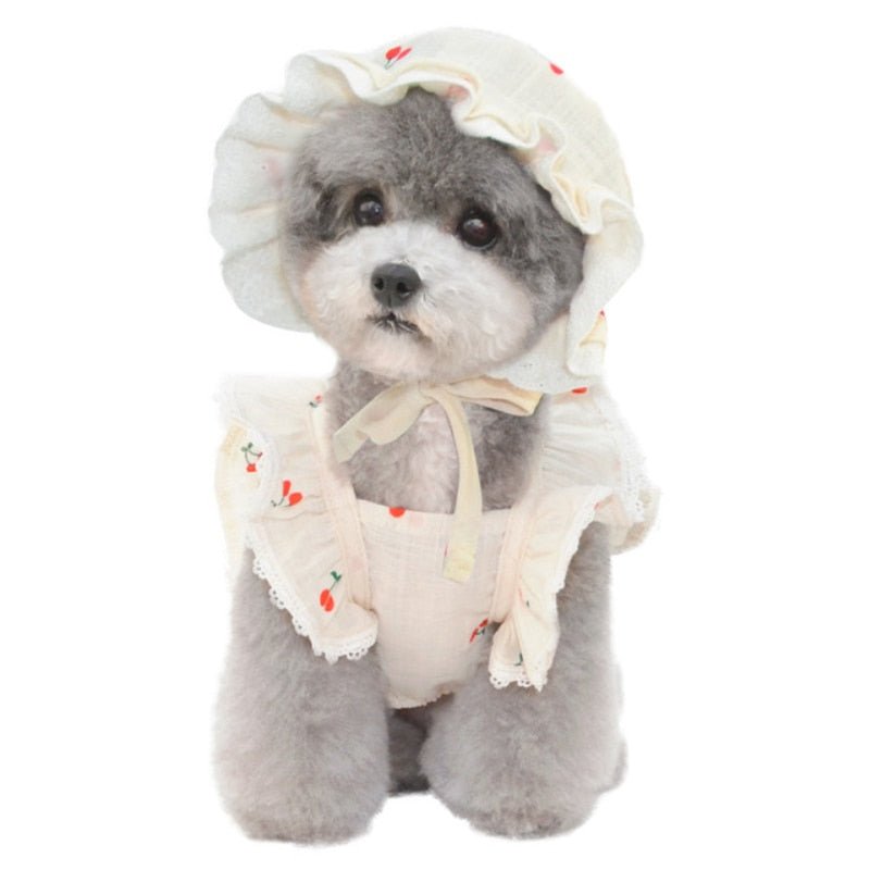 Cherry Printed Dog Cat Dress With Hat - Pawtique