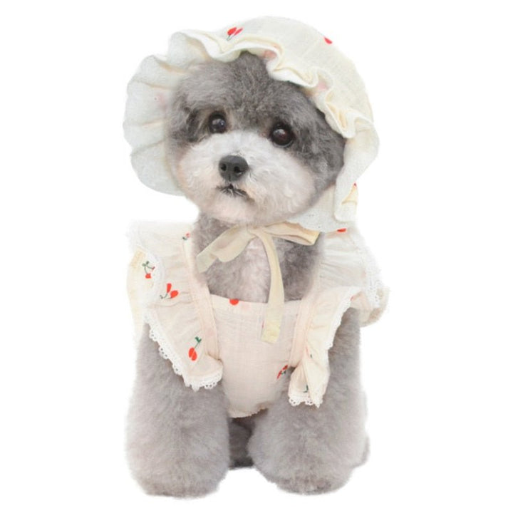 Cherry Printed Dog Cat Dress With Hat - Pawtique