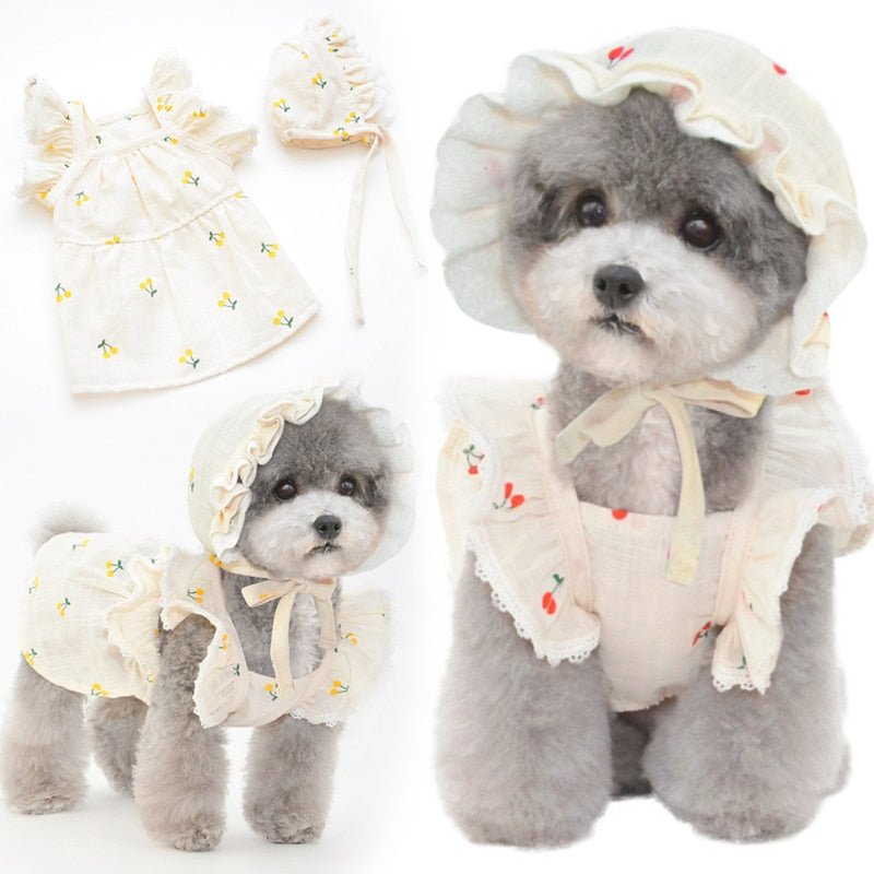 Cherry Printed Dog Cat Dress With Hat - Pawtique