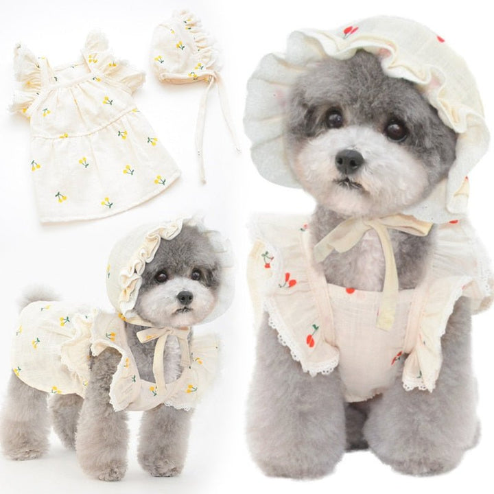 Cherry Printed Dog Cat Dress With Hat - Pawtique