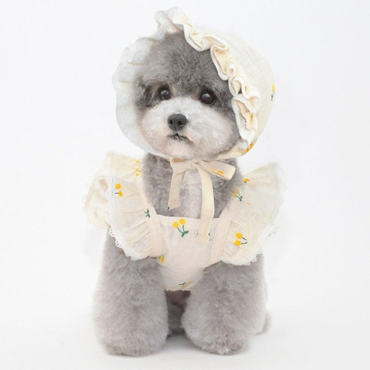 Cherry Printed Dog Cat Dress With Hat - Pawtique