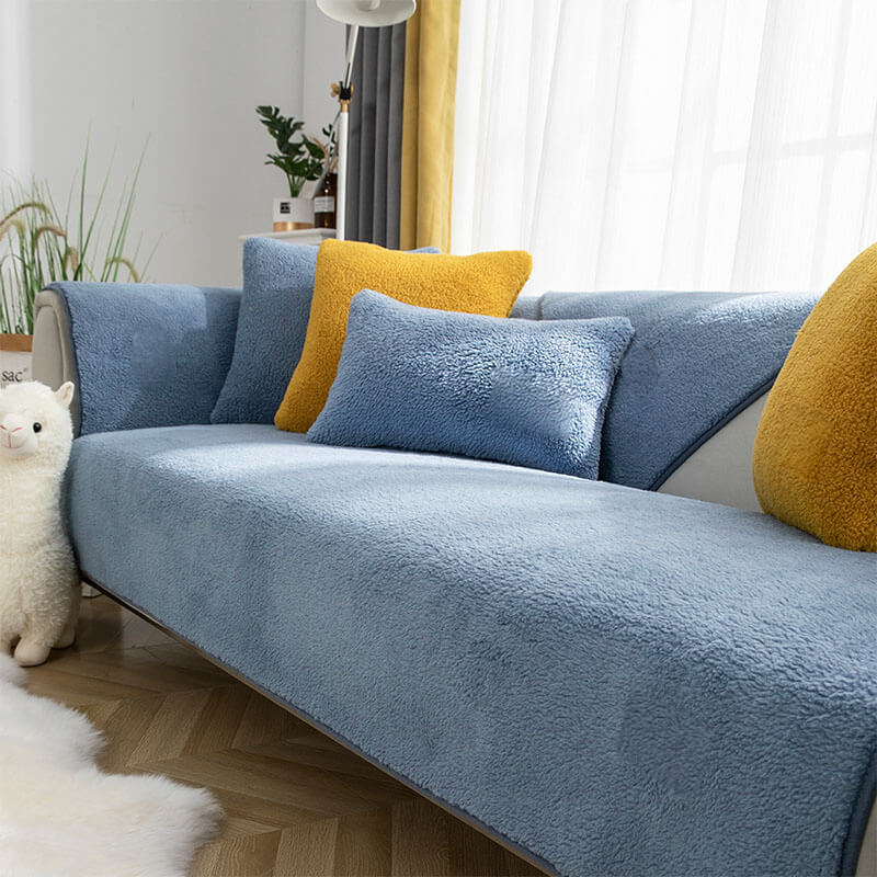 Blue faux sherpa sofa-cover color and styling reference; selected option determines pieces and coverage