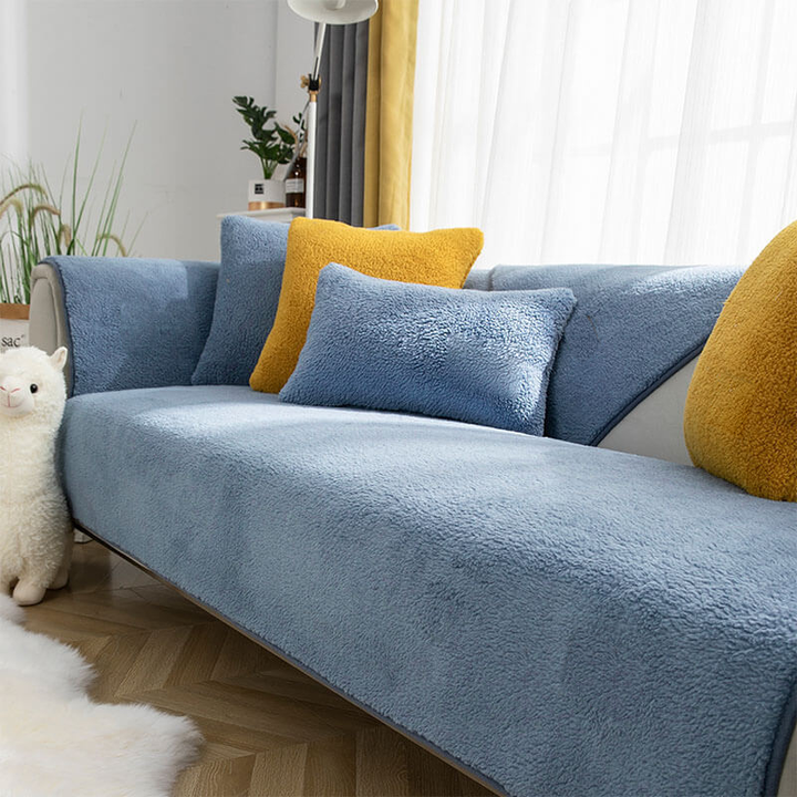 Blue faux sherpa sofa-cover color and styling reference; selected option determines pieces and coverage