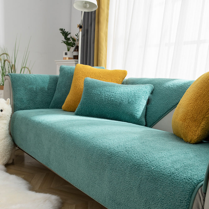 Green faux sherpa sofa-cover color and styling reference; selected option determines pieces and coverage