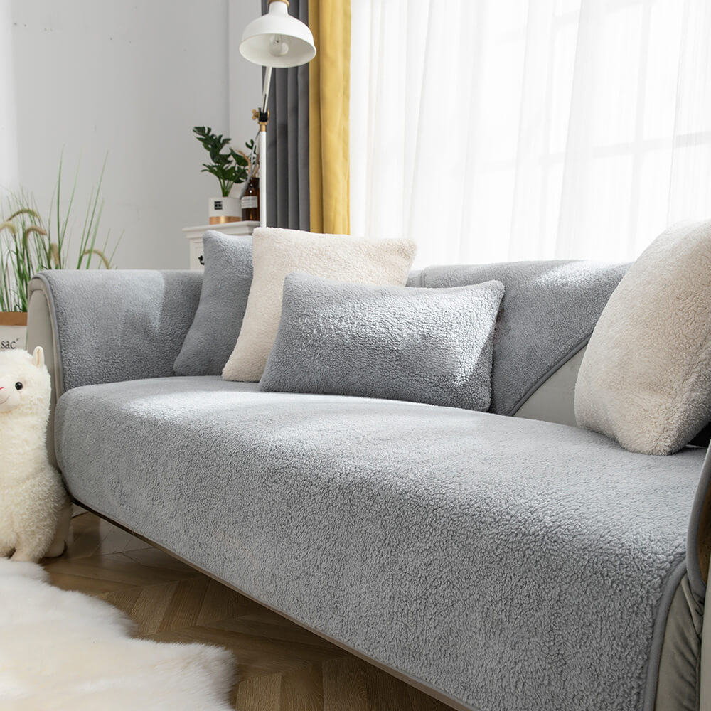 Grey faux sherpa sofa-cover color and styling reference; selected option determines pieces and coverage