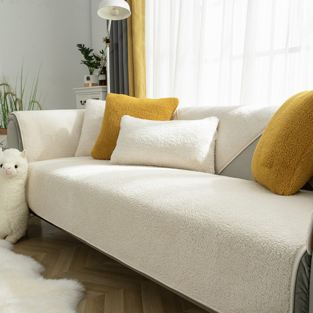 White faux sherpa sofa-cover color and styling reference; selected option determines pieces and coverage