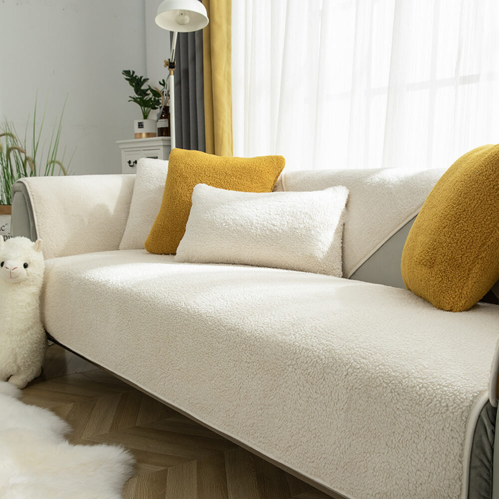 White faux sherpa sofa-cover color and styling reference; selected option determines pieces and coverage
