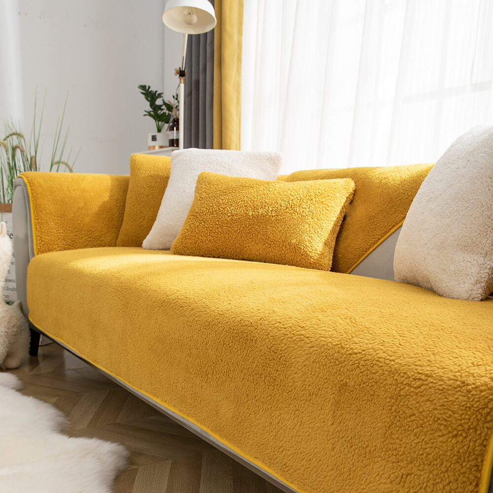 Yellow faux sherpa sofa-cover color and styling reference; selected option determines pieces and coverage
