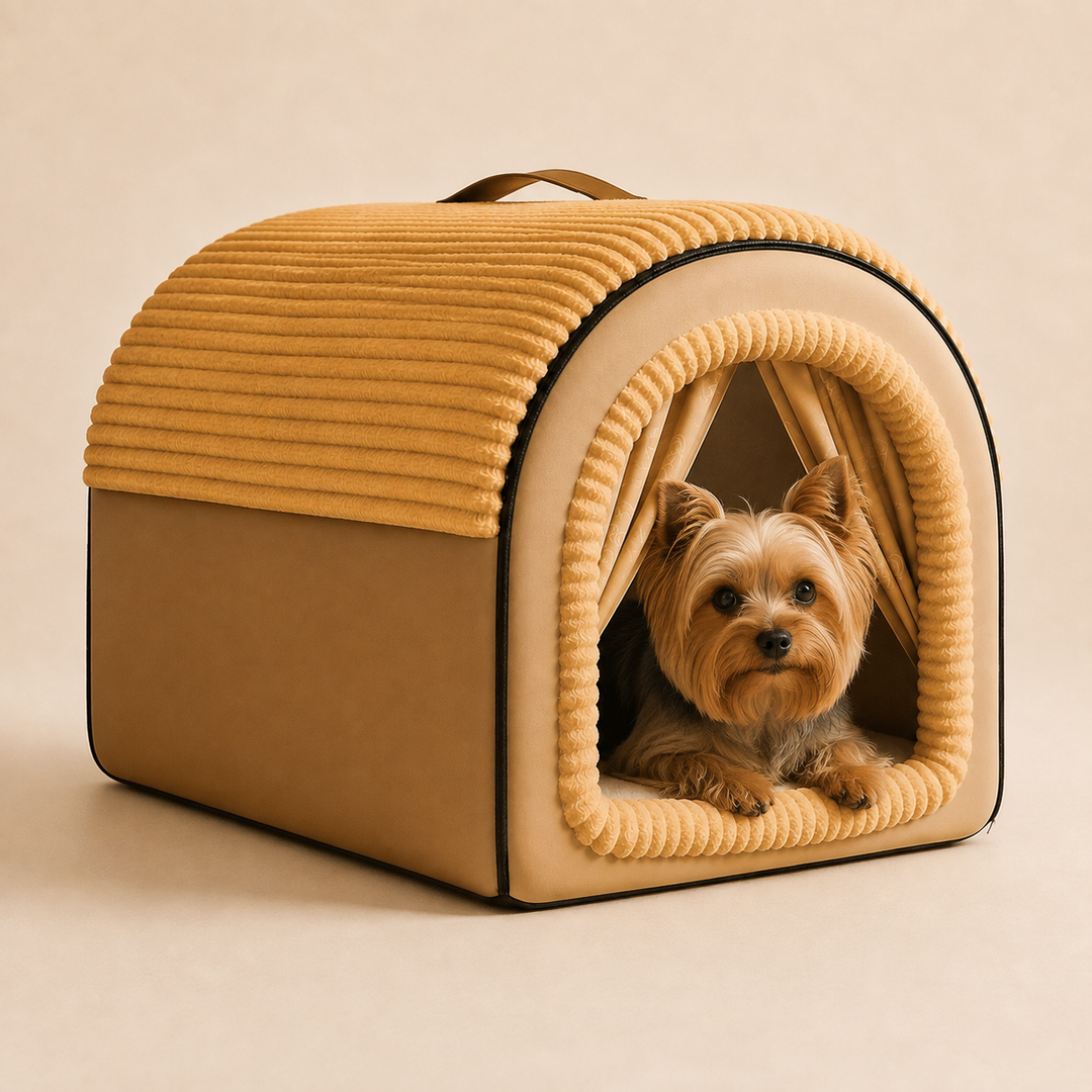 Pawtique Cozy Cottage dog bed size M with Yorkshire Terrier