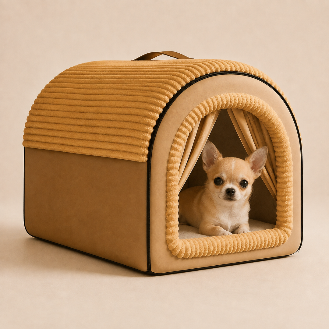 Pawtique Cozy Cottage dog bed size S with Chihuahua puppy