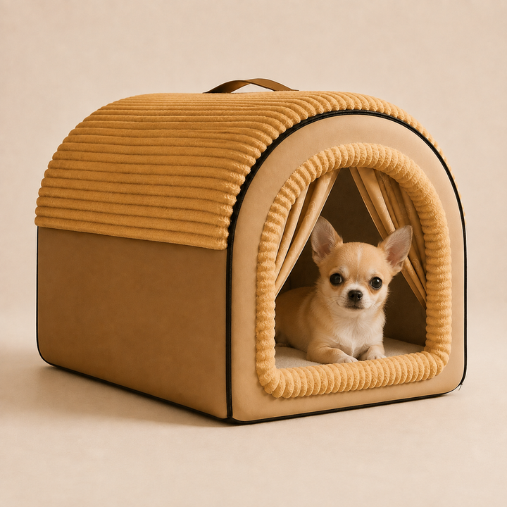Pawtique Cozy Cottage dog bed size S with Chihuahua puppy