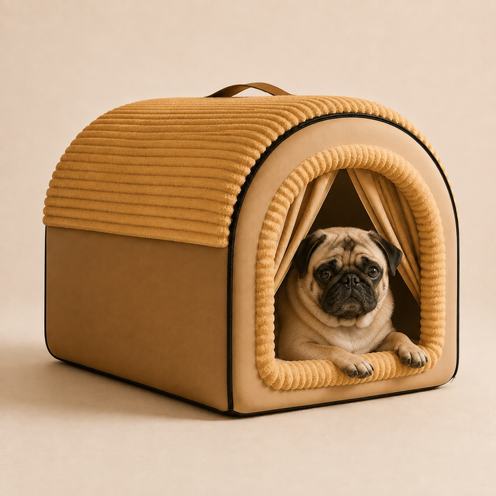 Pawtique Cozy Cottage dog bed size XL with Pug
