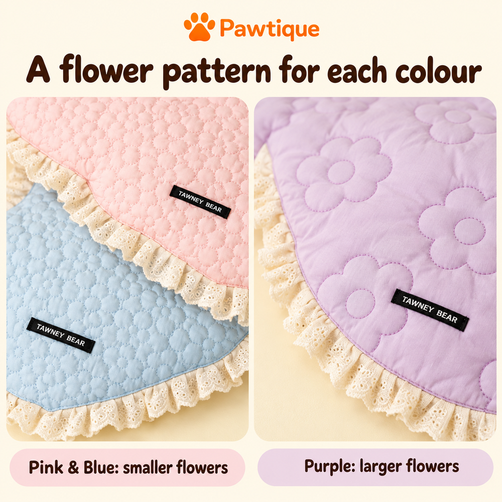 Close-ups comparing smaller floral quilting on Pink and Blue with larger flowers on Purple