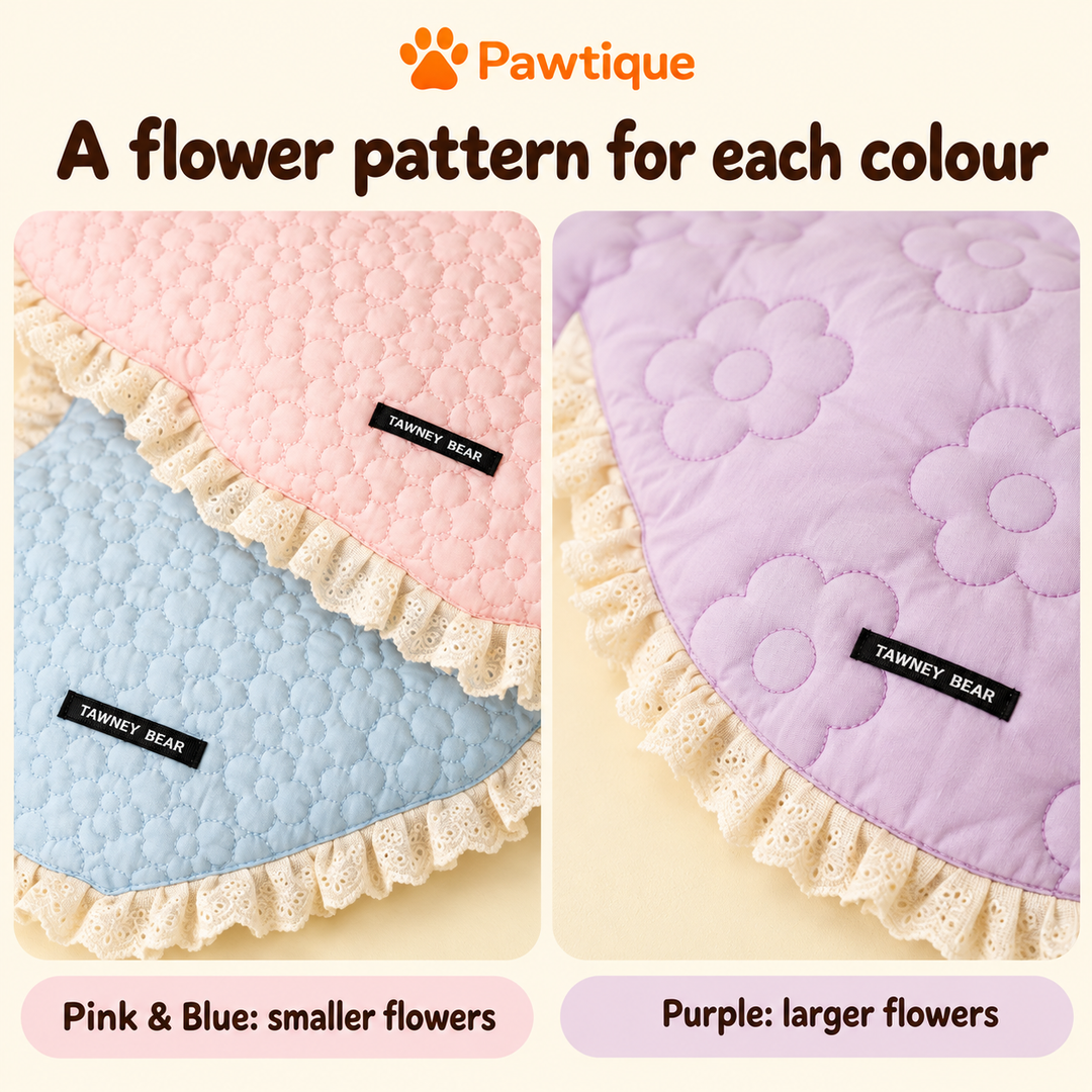 Close-ups comparing smaller floral quilting on Pink and Blue with larger flowers on Purple