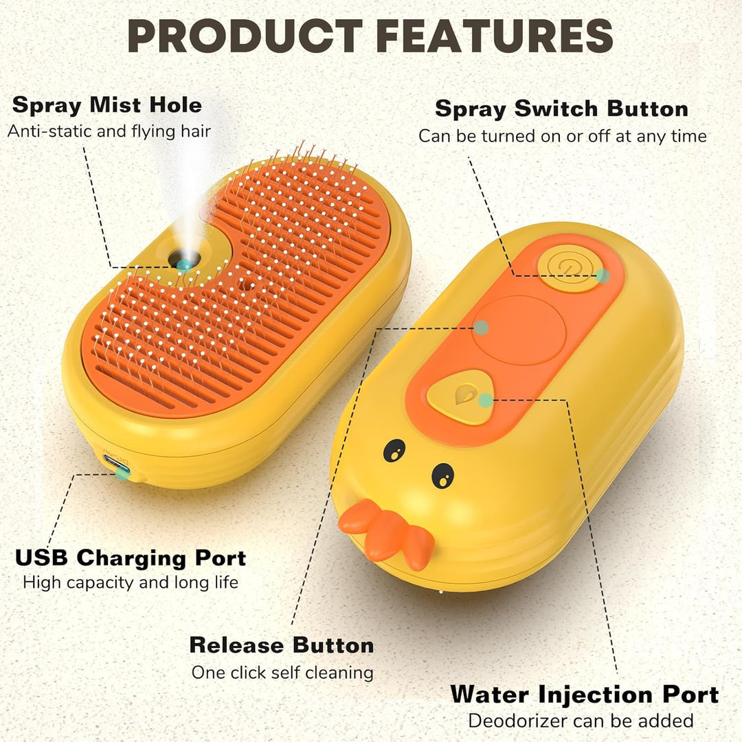 2-in-1 Spray Pet Grooming Brush – Ducky Delight for Tangle-Free Fur!