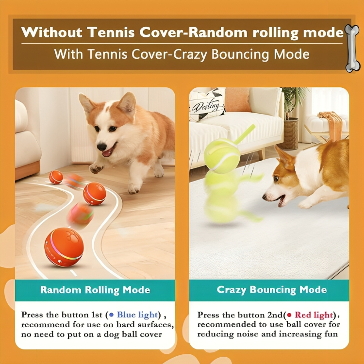Two scenarios showing a dog interacting with a tennis ball toy, one in random rolling mode and the other in crazy bouncing mode.