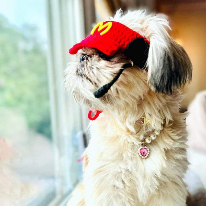 Fast Food Costume for Cats and Dogs, Snackbar Staff Uniform Chef Pet Cosplay Dress Up, Red Apron and Knitted Hat Inspired from Mcdonalds - Pawtique