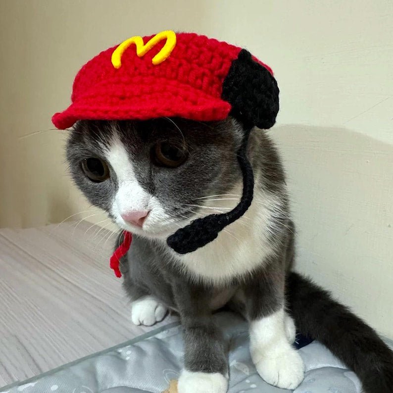 Fast Food Costume for Cats and Dogs, Snackbar Staff Uniform Chef Pet Cosplay Dress Up, Red Apron and Knitted Hat Inspired from Mcdonalds - Pawtique