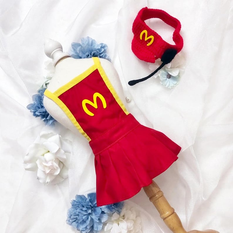 Fast Food Costume for Cats and Dogs, Snackbar Staff Uniform Chef Pet Cosplay Dress Up, Red Apron and Knitted Hat Inspired from Mcdonalds - Pawtique