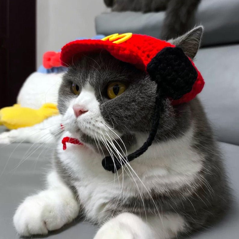 Fast Food Costume for Cats and Dogs, Snackbar Staff Uniform Chef Pet Cosplay Dress Up, Red Apron and Knitted Hat Inspired from Mcdonalds - Pawtique