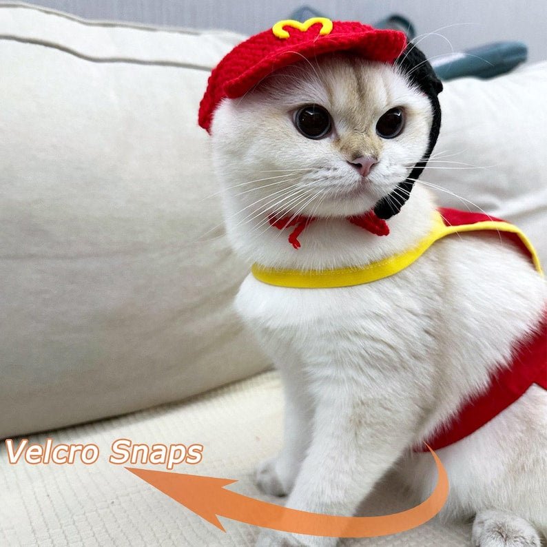 Fast Food Costume for Cats and Dogs, Snackbar Staff Uniform Chef Pet Cosplay Dress Up, Red Apron and Knitted Hat Inspired from Mcdonalds - Pawtique