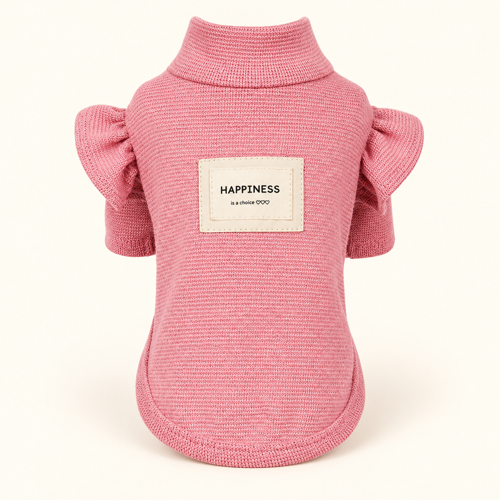 Pink flower sleeve pet sweater with HAPPINESS patch on a cream background