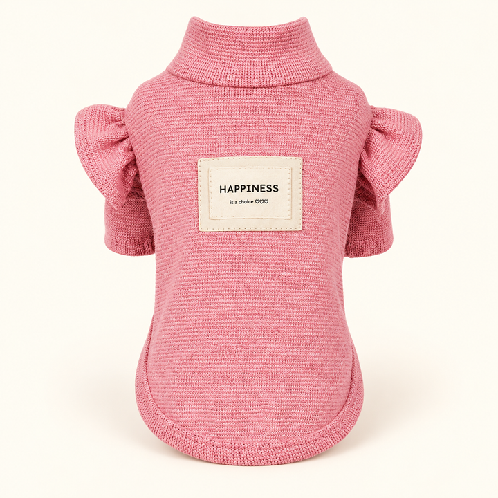 Pink flower sleeve pet sweater with HAPPINESS patch on a cream background