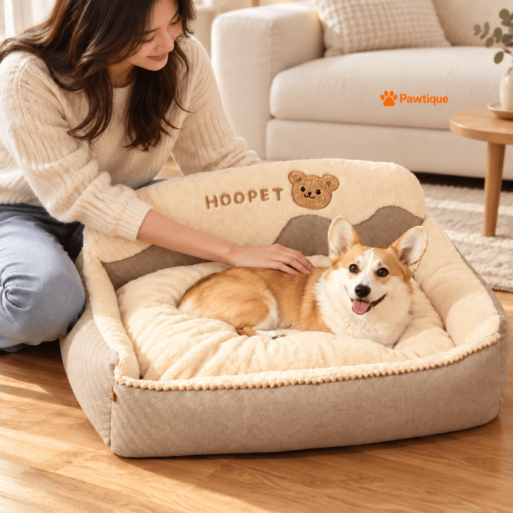 Owner petting a corgi resting in the HOOPET bear-detail bed